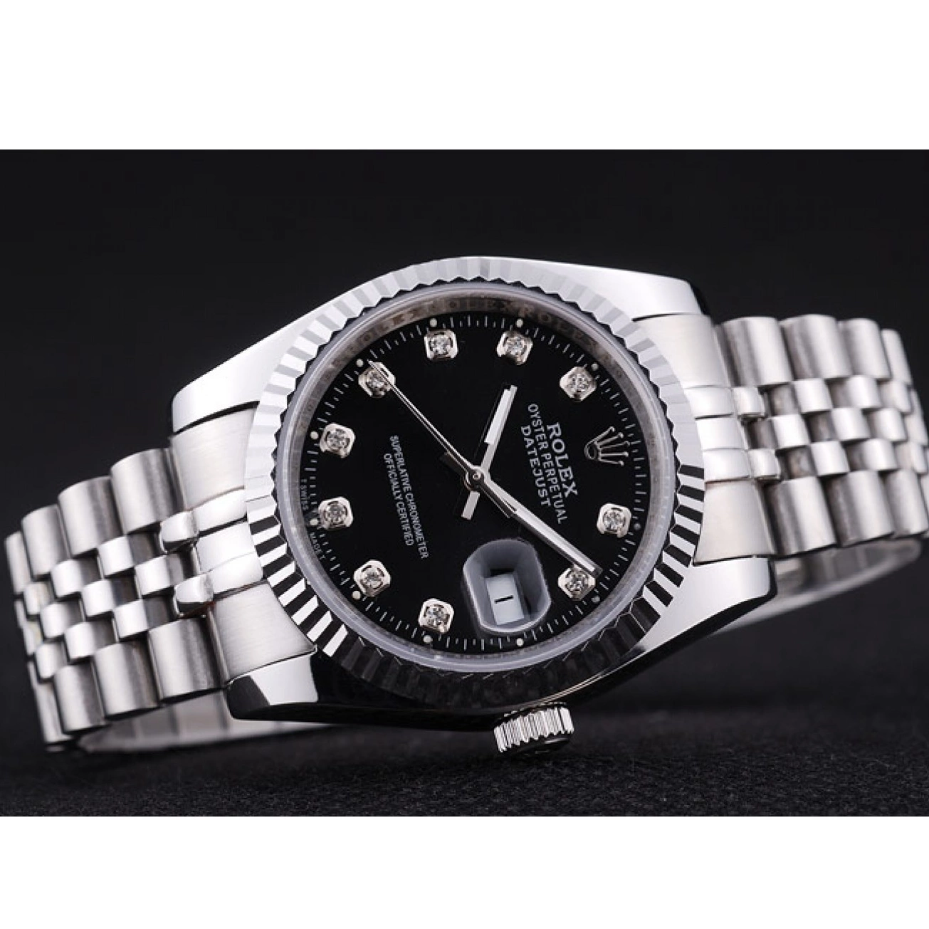 Aaa fake watches Diamonds Ribbed Black Rolex Dial 7458 Bezel Datejust 0630